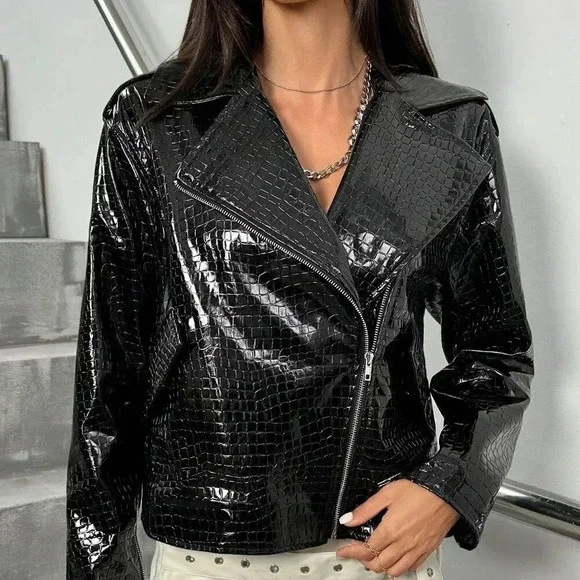 Black Casual Women's Glossy Faux Crocodile Skin Turndown Collar Flight Jacket - Picture 3 of 4